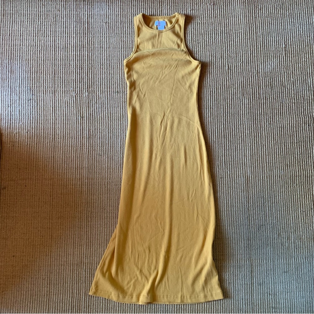 House of Harlow 1960 Ribbed Bodycon Racerback Yellow Maxi Midi Dress, XS